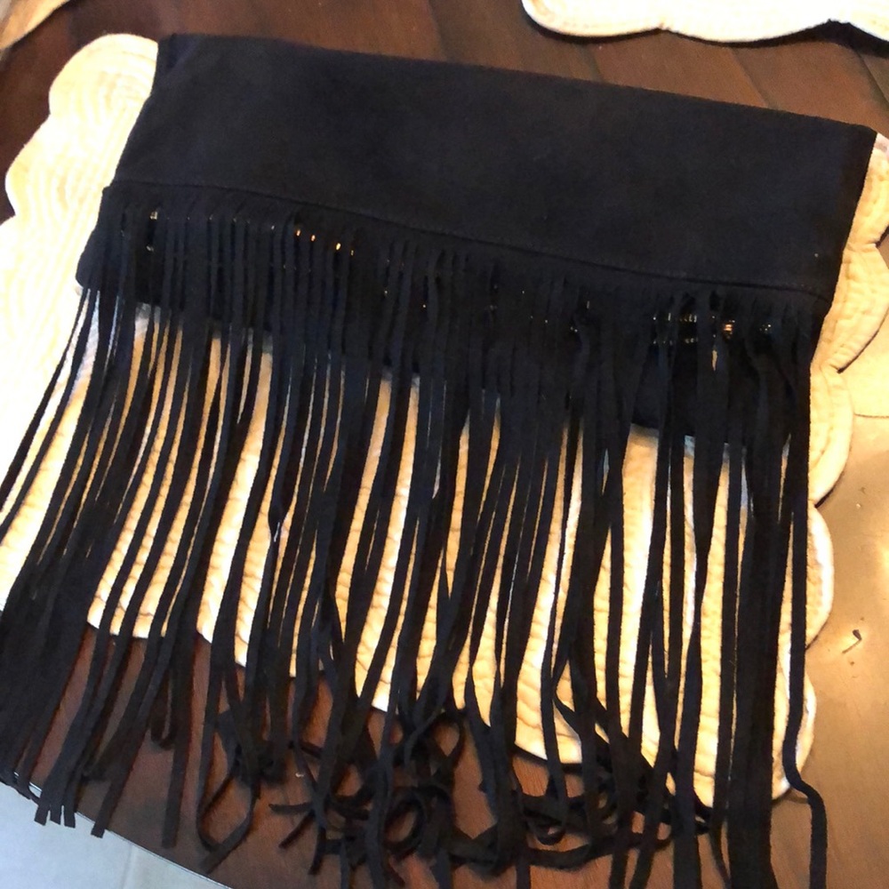 Street Level Faux Suede Fringe detailed folding large clutch, gold-tone zipper